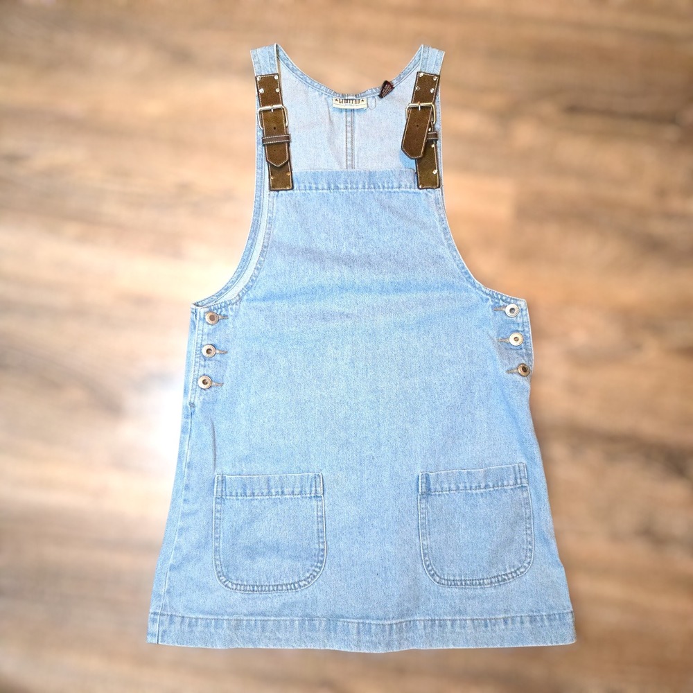 VTG Limited Jeans Pinafore Dress Blue Women Medium Denim Buckle Straps Mini USA